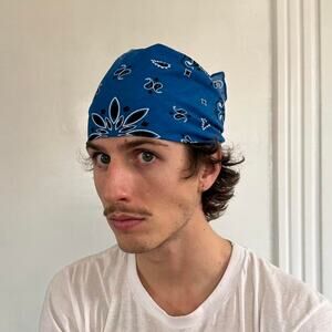 Vintage Cotton Blue Paisley Bandanna Headwrap Accessory